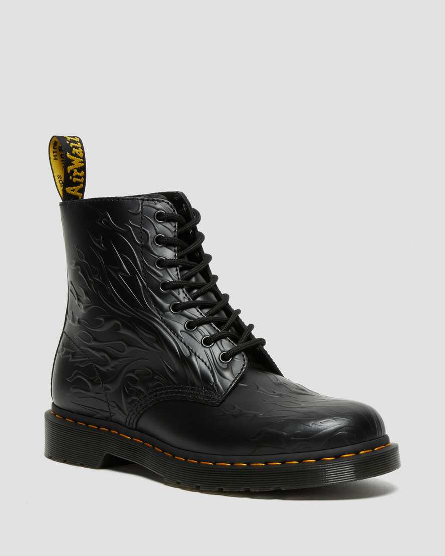 Dr. Martens 1460 Flames Emboss Lær Snørestøvler Dame Svart [6082VJGKH]